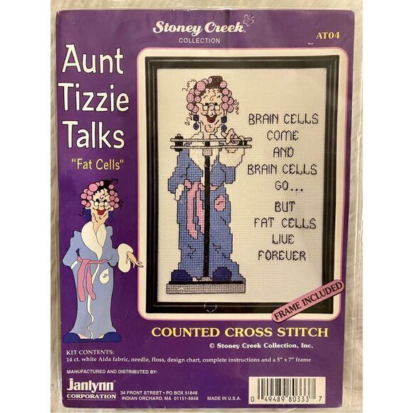 NEW Janlynn Aunt Tizzie Talks “Fat Cells” 5X7 Counted Cross Stitch Kit - Picture 1 of 8